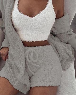 Womens Pajama Set Long Sleeve Crop Top Drawstring Shorts