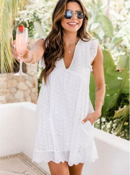 Lace Beach Dress With Pockets V Neck Comfortable Summer