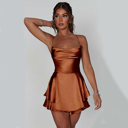 Satin Mini Dress Backless Lace Up A Line Solid Color