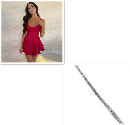 Satin Mini Dress Backless Lace Up A Line Solid Color
