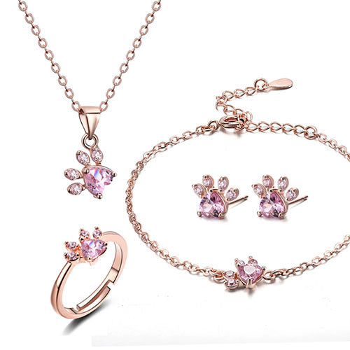 Animal Paw Jewelry Set Cat Dog Bear Ring Necklace Bracelets