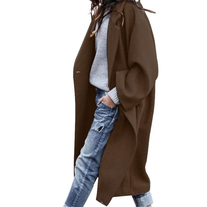 Casual Long Single Breasted Jacket With Pockets Woolen Coat