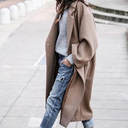 Casual Long Single Breasted Jacket With Pockets Woolen Coat