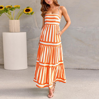 Striped Maxi Dress With Pockets Backless Summer Dress