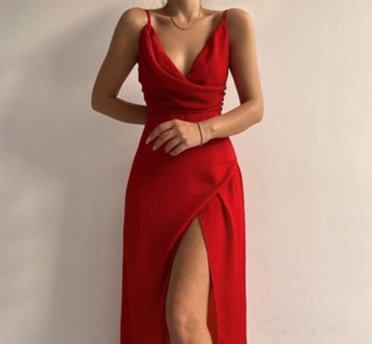 V Neck Midi Slit Dress Summer Slip Dress With Side Split