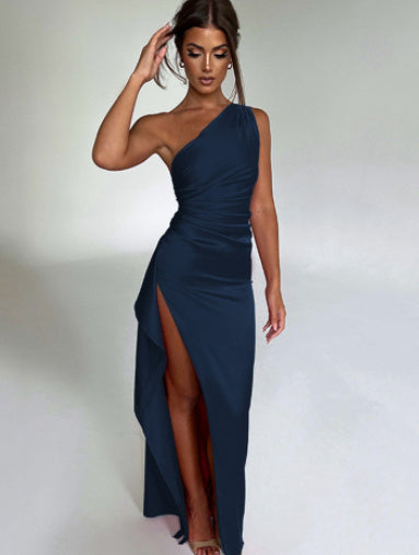 One Shoulder Satin Dress With Backless Evening Gown