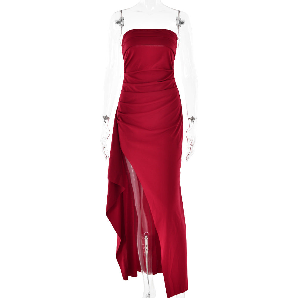 Strapless Pleated Maxi Dress For Bridesmaid Wedding Gown