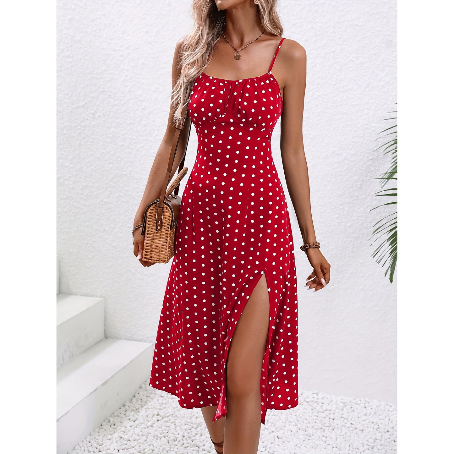 Polka Dot Maxi Dress With Split Hem For Summer Women