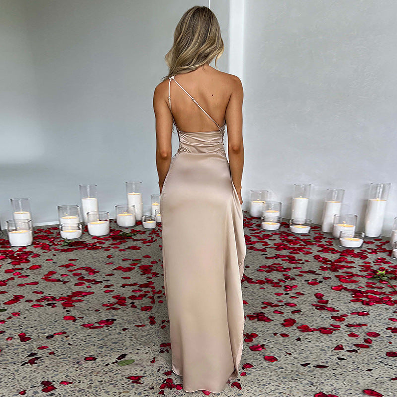 One Shoulder Satin Dress With Backless Evening Gown