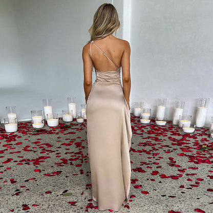 One Shoulder Satin Dress With Backless Evening Gown