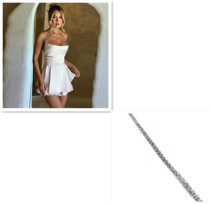 Satin Mini Dress Backless Lace Up A Line Solid Color