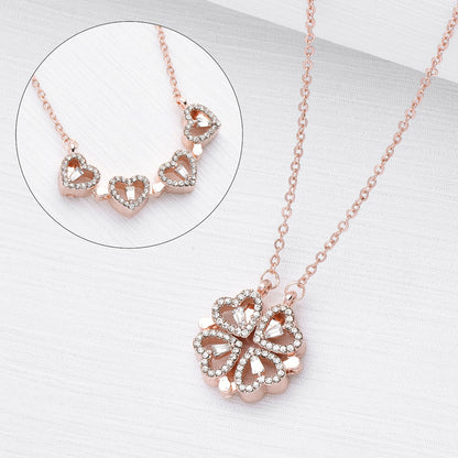 Retro Magnetic Folding Heart Four Leaf Clover Necklace