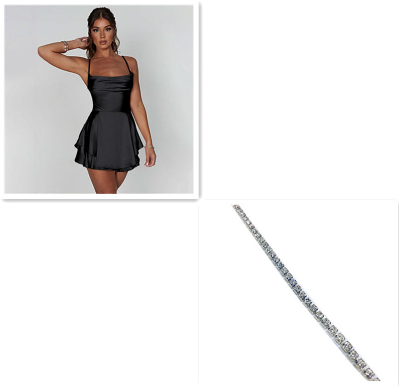 Satin Mini Dress Backless Lace Up A Line Solid Color
