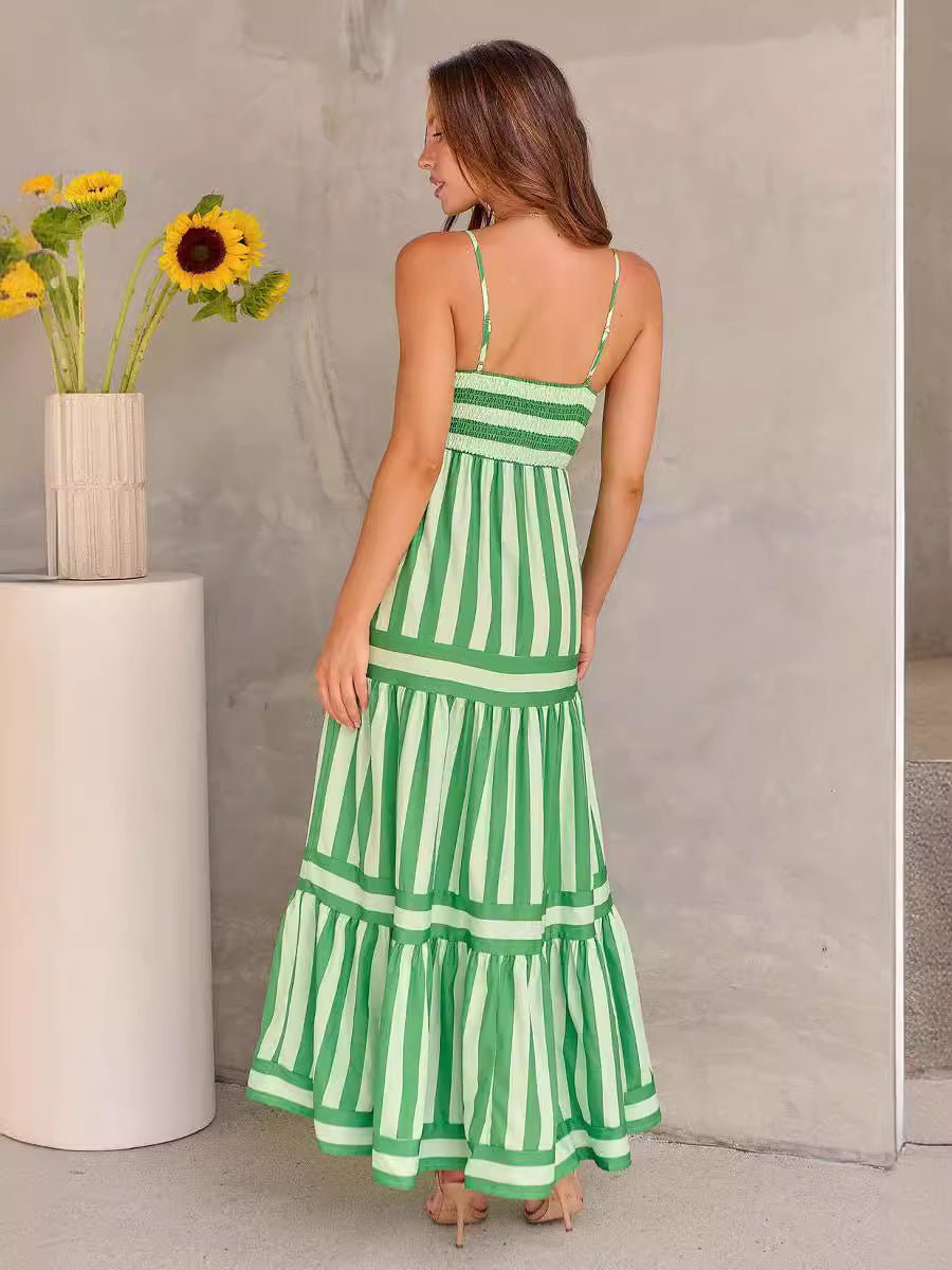 Striped Maxi Dress With Pockets Backless Summer Dress