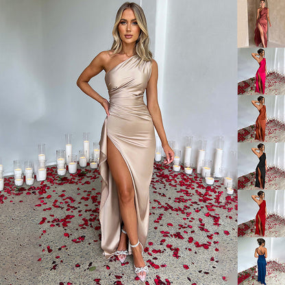 One Shoulder Satin Dress With Backless Evening Gown