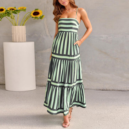 Striped Maxi Dress With Pockets Backless Summer Dress