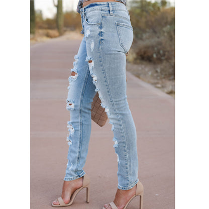 Women's Skinny Cotton Trousers With Holes Gothic Style