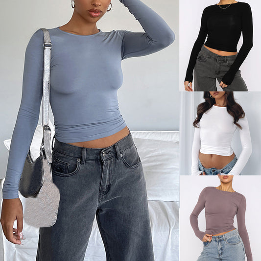 Women Slim Long Sleeve Pullover Tops Solid Casual Fit