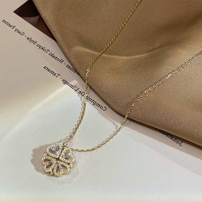 Retro Magnetic Folding Heart Four Leaf Clover Necklace