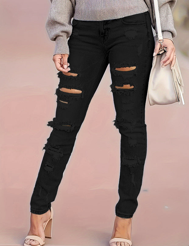 Women's Skinny Cotton Trousers With Holes Gothic Style