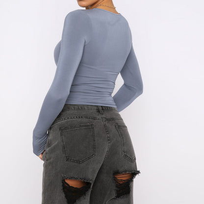 Women Slim Long Sleeve Pullover Tops Solid Casual Fit