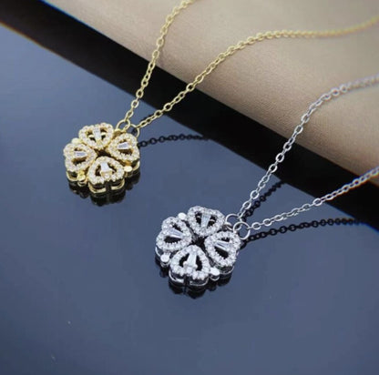 Retro Magnetic Folding Heart Four Leaf Clover Necklace