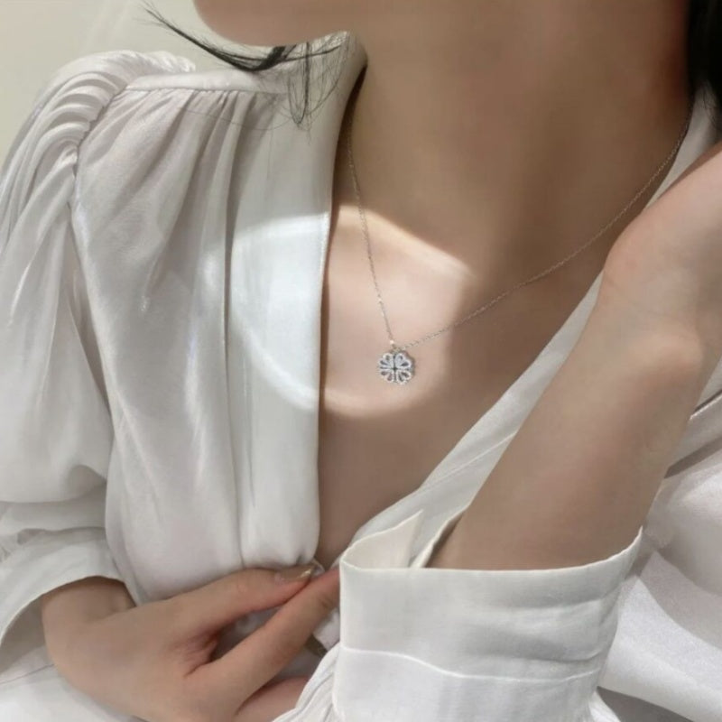 Retro Magnetic Folding Heart Four Leaf Clover Necklace