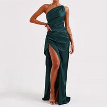 One Shoulder Satin Dress With Backless Evening Gown