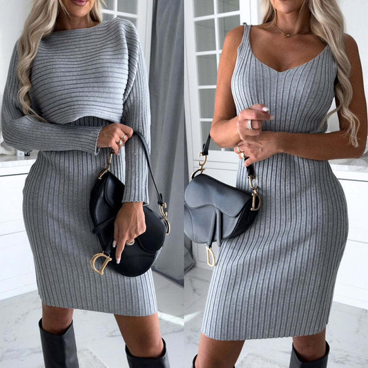 Two Piece Striped Set Long Sleeve Top And Skirt Outfit