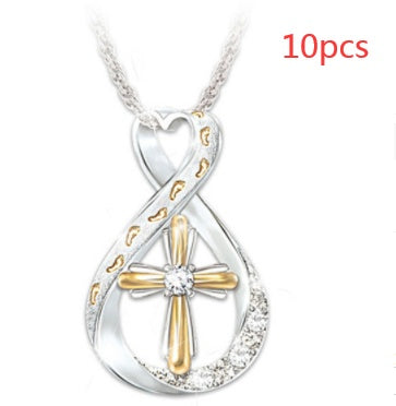 Two Tone Cross Footprint Diamond Pendant 45cm Chain