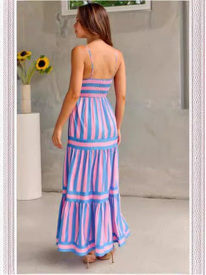 Striped Maxi Dress With Pockets Backless Summer Dress