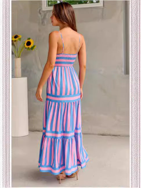Striped Maxi Dress With Pockets Backless Summer Dress